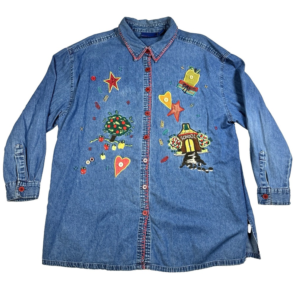 VTG Womens CST Blues Denim Button Up Shirt Long Sleeve School Teacher Size 1X